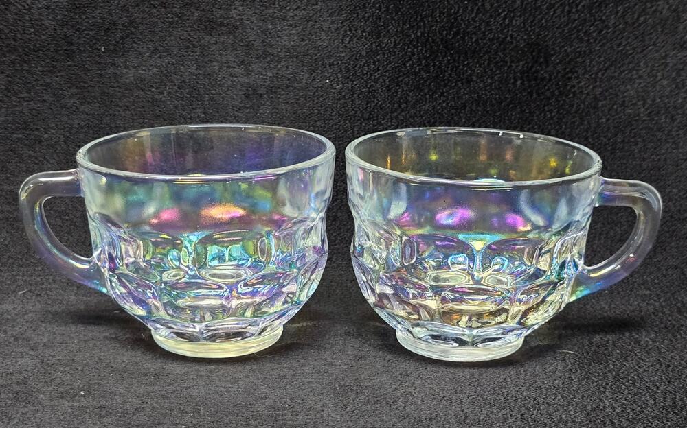 Vintage Federal Glass Iridescent Rainbow Glass Punch Teacups Pair of 2